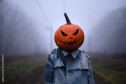 Vászonkép Portrait of creepy person in an old torn cloak with carved pumpkin head stands on foggy railway track on Halloween