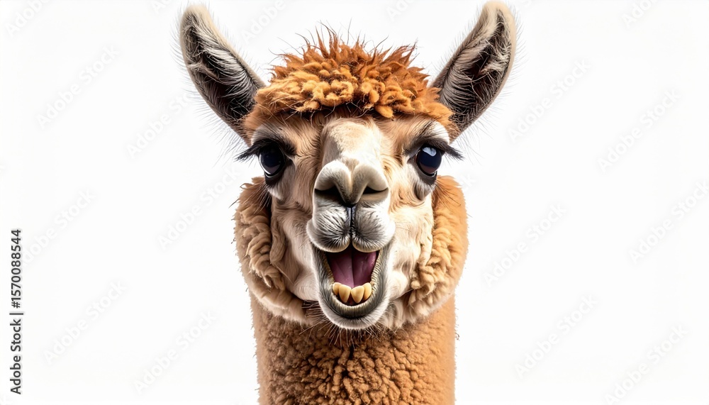 Obraz premium Smiling Brown Alpaca Portrait Against White Background