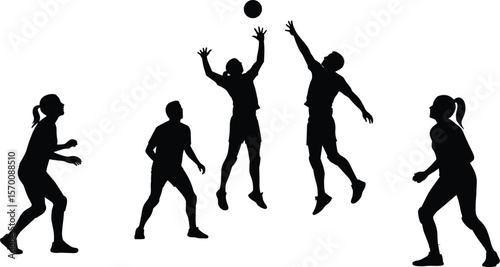 Volleyball match cad drawing flat vector illustration, dynamic silhouettes jumping and spiking, five players in motion, sports teamwork front layout