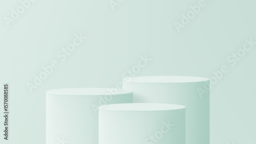 Three empty cylinder product podiums in light green. Product display stage for cosmetic presentation. Modern minimalist showcase for marketing.
