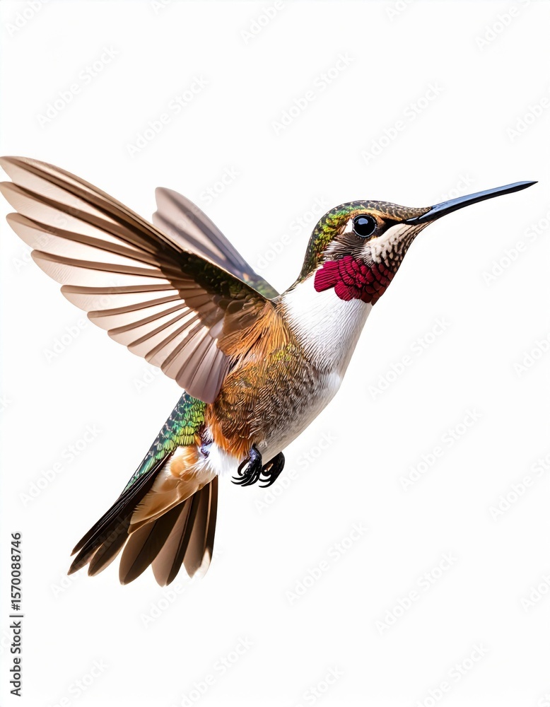 Fototapeta premium A Vivid Hummingbird in Flight Against a White Background