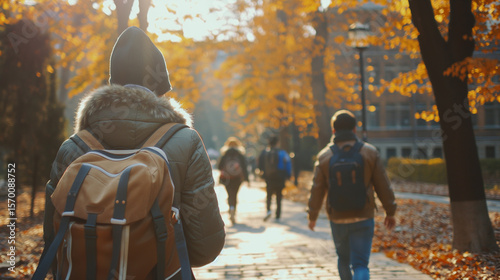 Students in warm jackets and backpacks walking through a sunlit autumn park toward school or university