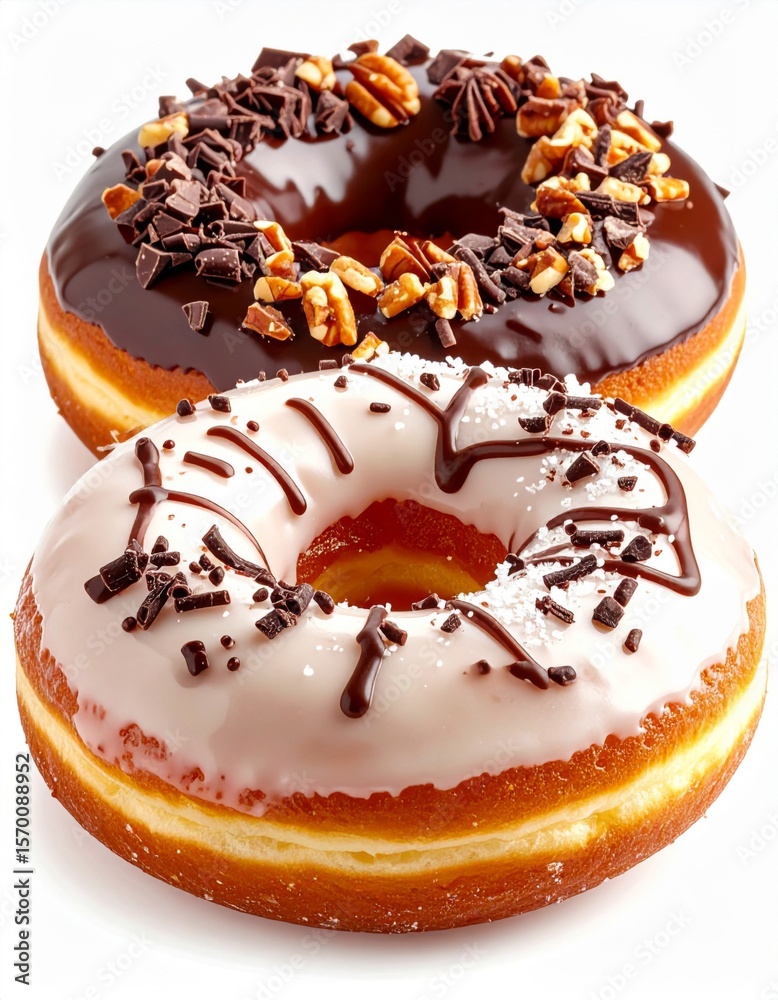 Fototapeta premium Two Glazed Donuts with Chocolate and Pecan Toppings