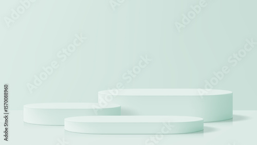 Three empty light green product podiums. Minimalist background for cosmetic presentation. Modern clean design for branding.