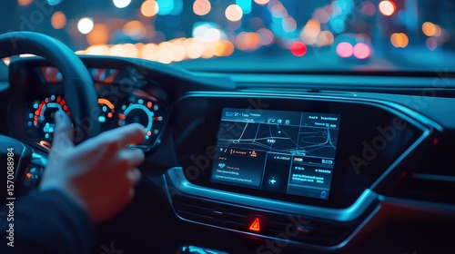 A modern AI-powered car dashboard displaying real-time traffic predictions, lane assist interface, and voice navigation, detailed interior with ambient lights