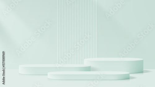 Three light green display podiums on reflective surface with ribbed background column. Product presentation stage for promotion.