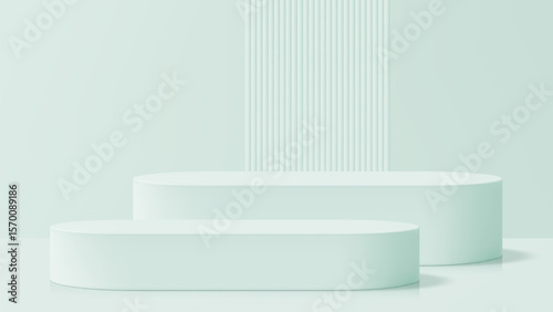 Pair of light green, oval podiums on a stage for product display. Minimalist 3D render with clean design for presentation.
