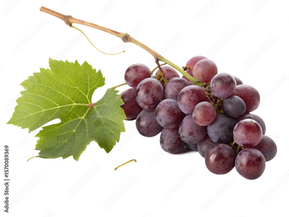 Fototapeta premium Fresh ripe red grapes with green leaf isolated on transparent background