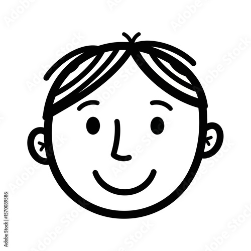 A simple, black and white line drawing of a smiling man's face with short hair.