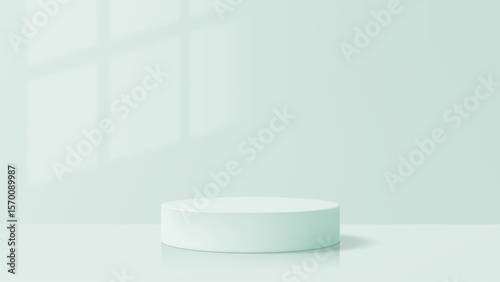 Product podium mockup vector. A round cylinder display in a light green room with window shadow. Scene abstract production for product presentation.