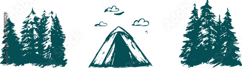 set of vector grunge drawing. camping stickers