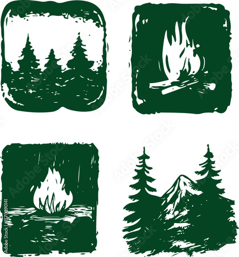 set of vector grunge drawing. camping stickers