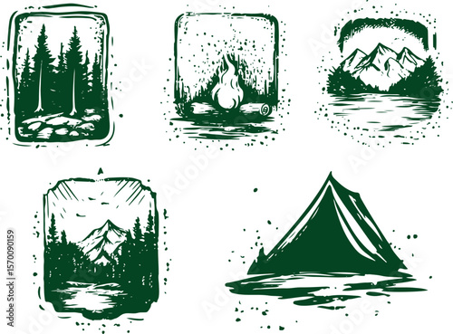 set of vector grunge drawing. camping stickers