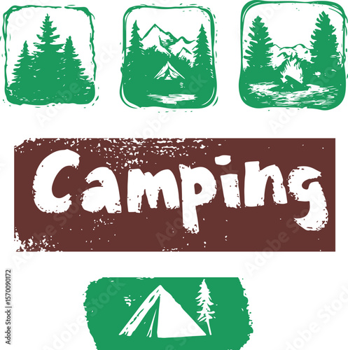 set of vector grunge drawing. camping stickers