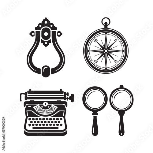 Vintage objects collection with compass typewriter and magnifying glasses black white