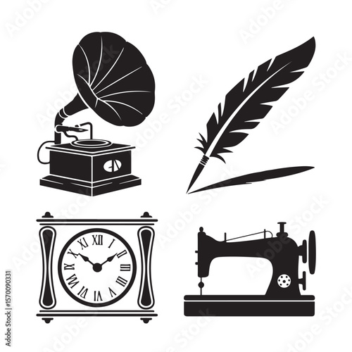 Gramophone feather clock sewing machine vector