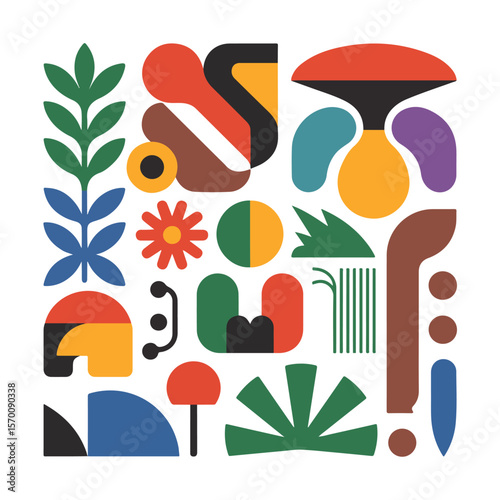 Abstract composition of organic shapes and botanical elements vector