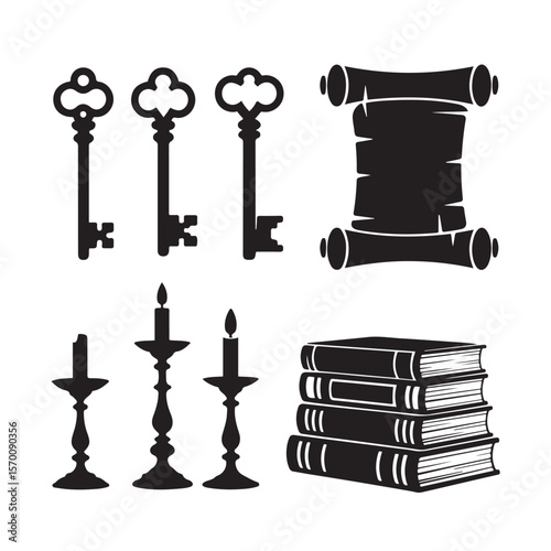 Antique keys scroll candelabras and books candles