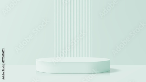 Empty green product podium display with ribbed wall. Modern 3d vector render studio background for cosmetic or fashion presentation.