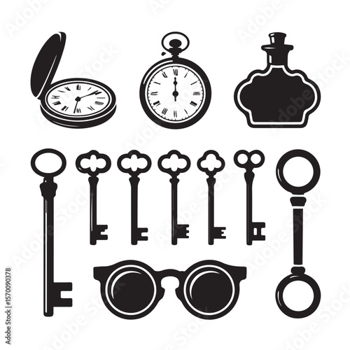 Antique collection of timepieces keys and spectacles vector