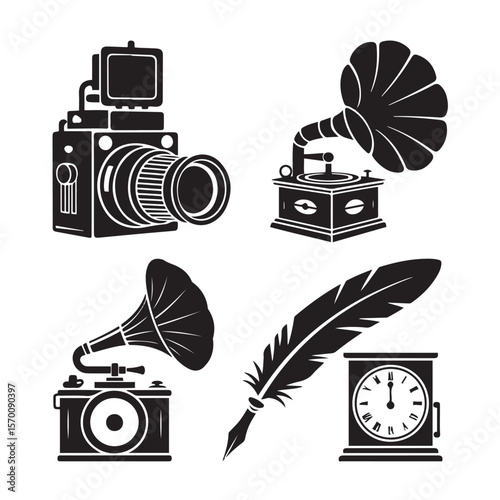Vintage camera gramophone feather pen clock antique