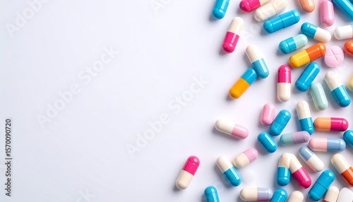 Colorful pills scattered on white background (1)