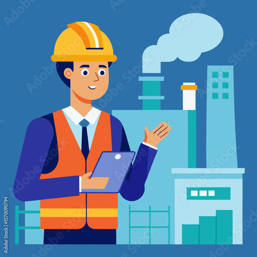 Engineer discussing factory operations while holding tablet device  