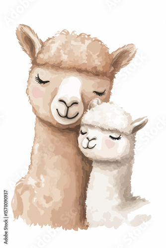 watercolour drawn alpaca mom and her child. greeting card illustration