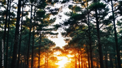 Sunlit Forest Path with Tall Trees and Golden Rays