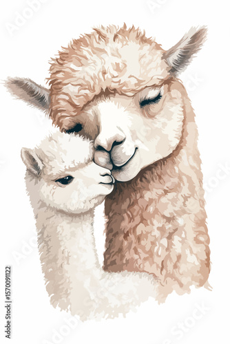 watercolour drawn alpaca mom and her child. greeting card illustration