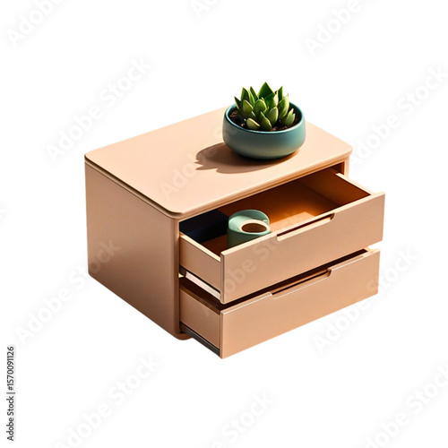 utensil drawer divider,  Contemporary two-drawer nightstand with potted plant and stylish design, modern bedroom accessory