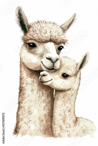 watercolour drawn alpaca mom and her child. greeting card illustration