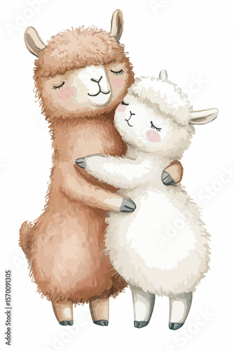 watercolour drawn alpaca mom and her child. greeting card illustration