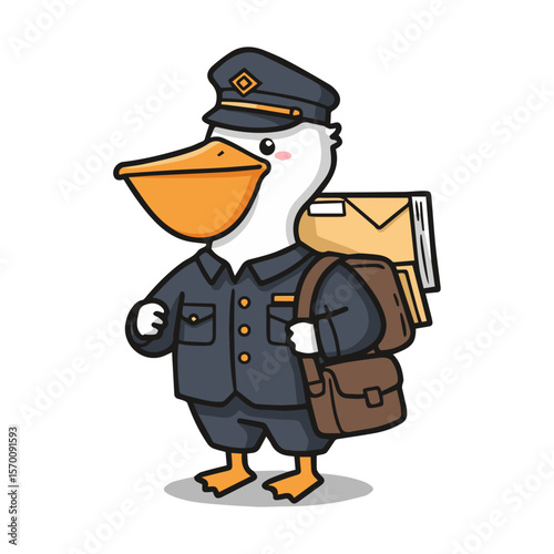 Cartoon White Pelican Mail Carrier with Satchel and Letters on White Background