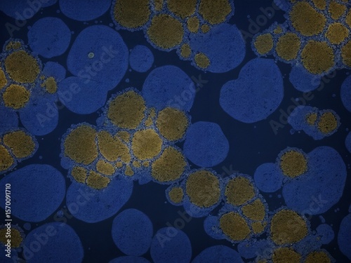 Blau-goldene Zellstrukturen unter dem Mikroskop mit deutlich abgesetzten Zellkernen auf dunklem Hintergrund
