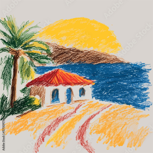 child's hand drawn illustration of a summer house on a beach