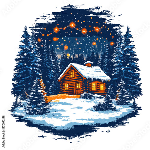 Cozy winter cabin covered in snow