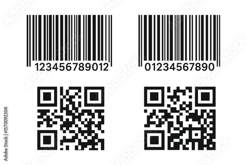 Vector illustration of store or supermarket scan labels and price tags with digital information, including product ID and serial number as identification tracking code