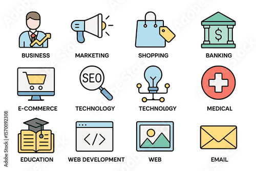 A collection of vector icons in a simple thin line style, featuring a range of symbols for Business, Marketing, Shopping, Banking, E-commerce, SEO, Technology, Medical, Education, Web Development