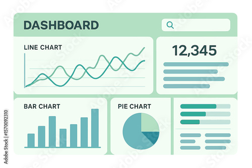 A template for an infographic dashboard featuring a simple green and blue interface design, complete with admin panels, graphs, and chart diagrams, all in vector infographics format