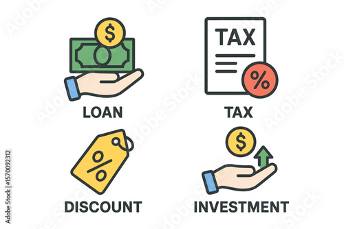 Loan, tax, and fees symbols are represented by line icons, along with discount and investment vector linear icons