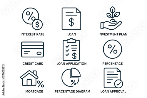 This set of vector line icons is simple and loan-related, featuring symbols like interest rate, investment plan, and percentage diagram, among others, with editable strokes in a 48x48 pixel perfect