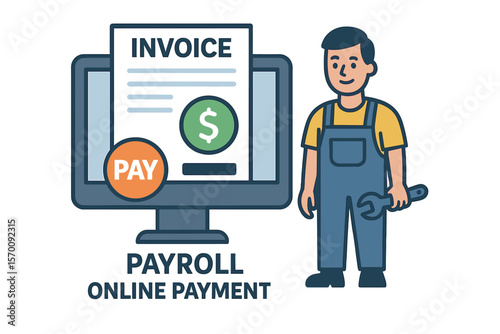 People who work can receive their wages through an online payroll payment system with an invoice on paper and a blue background