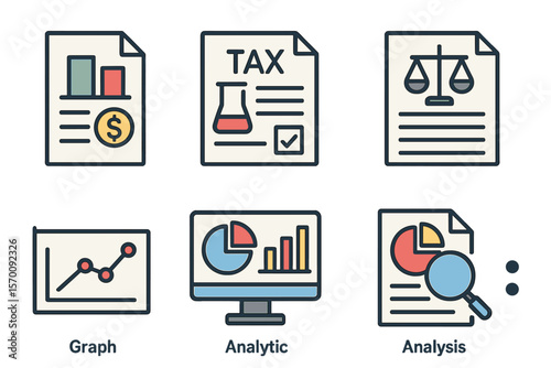 The report icon set includes a variety of icons such as financial reports, tax documents, lab tests, balance sheets, graphs, analytics, and analysis