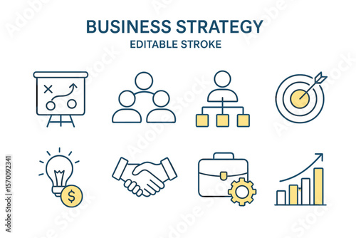 Business strategy is represented by simple minimal thin line icons, which pertain to strategy, teamwork, organization, and finance, and feature an editable stroke in a vector illustration
