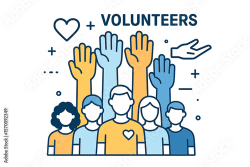 Volunteers and charity work, represented by raised helping hands, are depicted in vector thin line icon illustrations showing a crowd of people prepared to assist and contribute