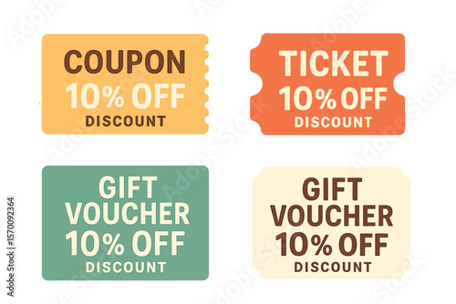 A collection of coupons, ticket cards, and gift vouchers is available, featuring a coupon card element template for graphic design, along with gift vouchers or promotional certificates offering a 10