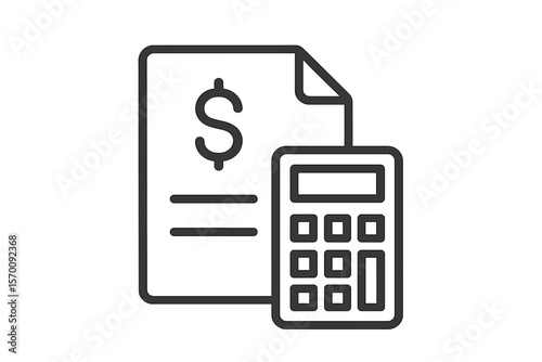Financial accounting simple line vector icon, symbol, and logo illustration for mobile concept and web design, featuring a money document and calculator outline icon in linear style, with pixel