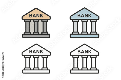 Vector illustration of two colored and black bank icons in various styles including filled, thin line, outline, and stroke, suitable for mobile and ui applications