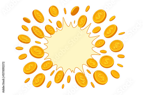 A burst of gold coins on a transparent backdrop with space available for adding text